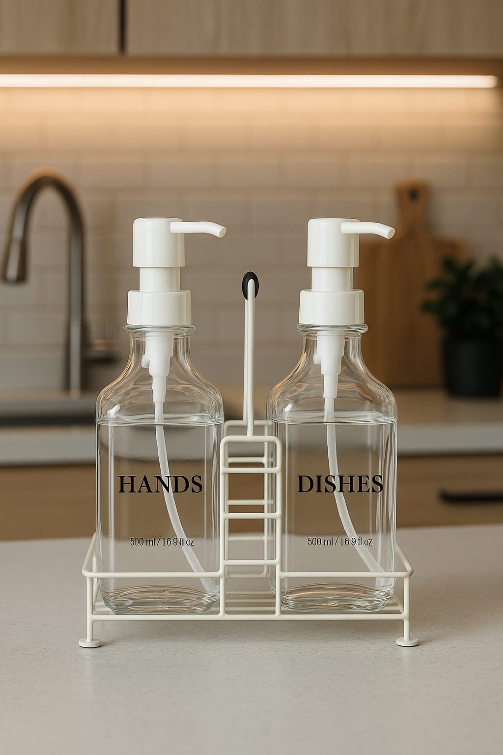 Şık Cam Sabunluk Seti 2’li – 500 ml Pompalı Şişe – Metal Standlı Mutfak ve Banyo Seti